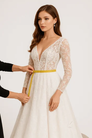 Beautiful bride during professional wedding dress fitting appointment